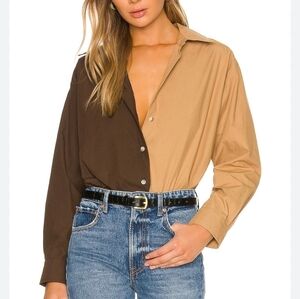 Donni Duo Pop Poplin Button Up Shirt in Camel Tan Beige and Brown Size Small New